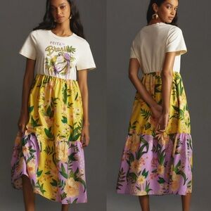 Farm Rio Tiered Maxi Shirt Yellow Dress Size L Petite